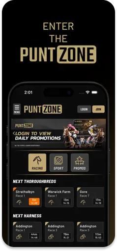 PuntZone main menu – Showcasing daily promotions and racing markets.