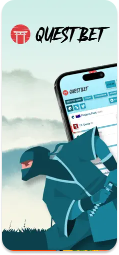 QuestBet main menu with ninja mascot – A modern Australian bookmaker with a sleek, action-packed theme.
