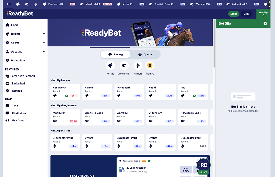 ReadyBet website main menu – Showcasing racing and sports betting markets.