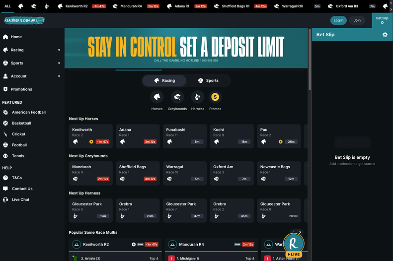 RealBookie main menu – Showcasing horse racing, promotions, and betting markets.