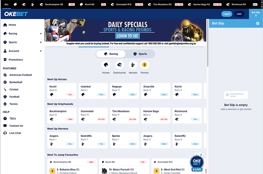 OKEBET website main menu displaying key betting features and promotions.