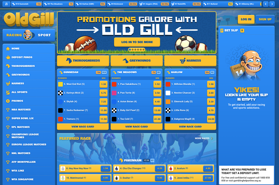 OldGill Bet website main menu displaying betting features and promotions.