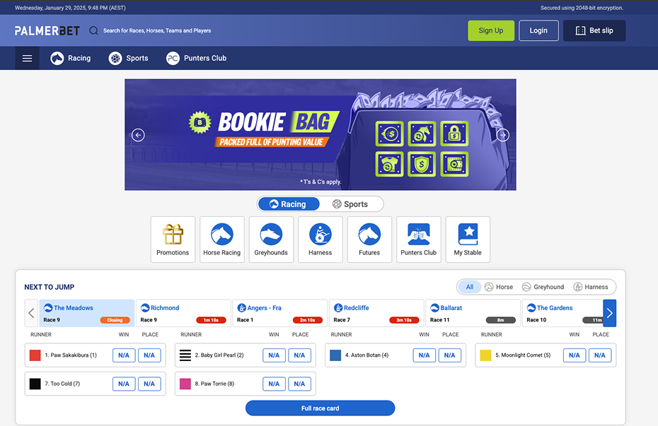 Palmerbet website main menu – Showcasing sports and racing markets.