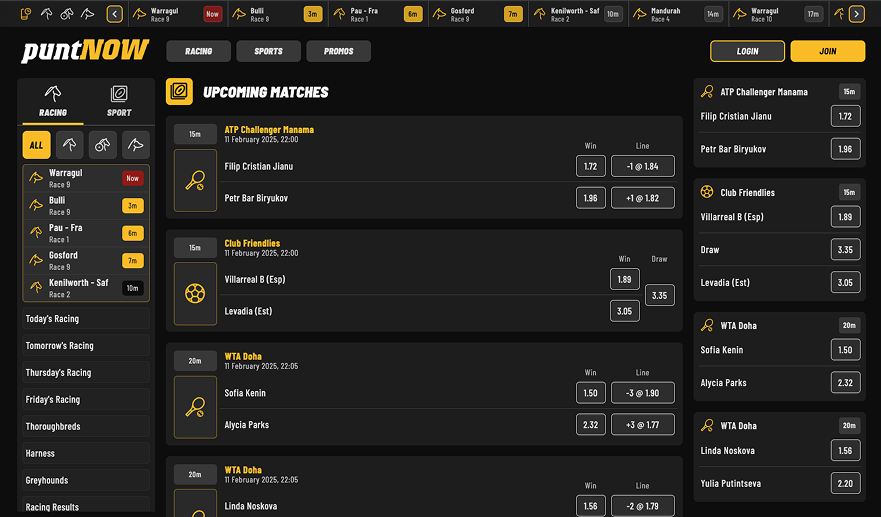 PuntNow website main menu – Showcasing racing and sports betting markets.