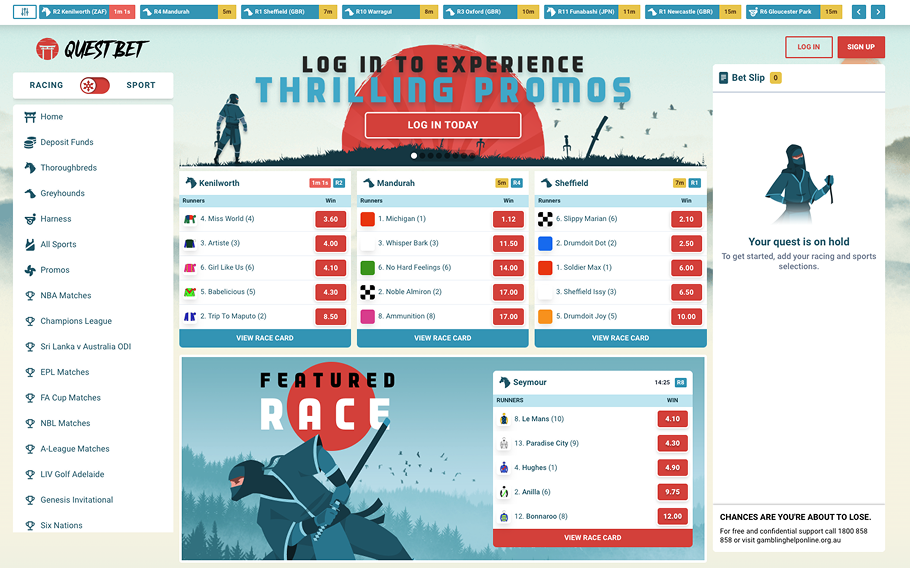 QuestBet website main menu – Featuring sports and racing betting options.