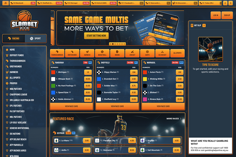 SlamBet main menu – Showcasing racing and sports betting options.