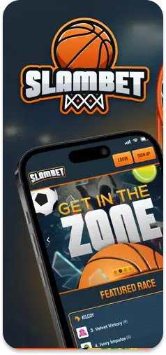 SlamBet homepage – a basketball-inspired betting platform for racing and sports.