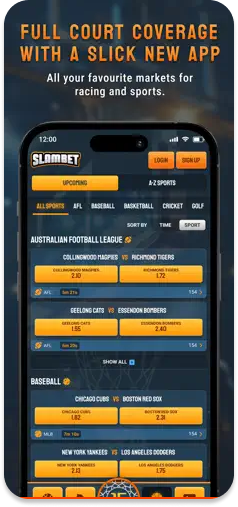 SlamBet app UI – showcasing major racing and sports betting options.