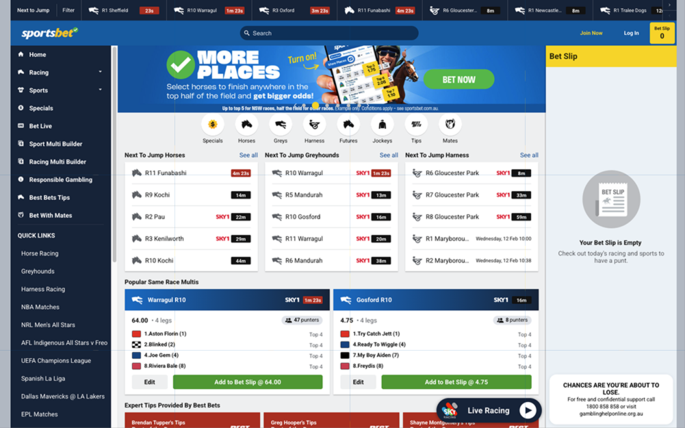 Sportsbet website main menu – Showcasing extensive betting markets.