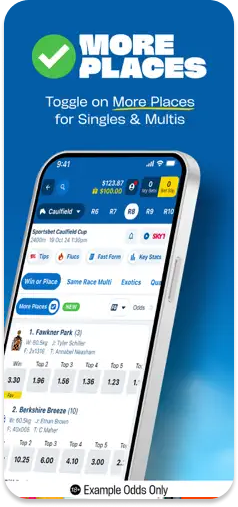 Sportsbet "More Places" toggle feature for singles and multis.