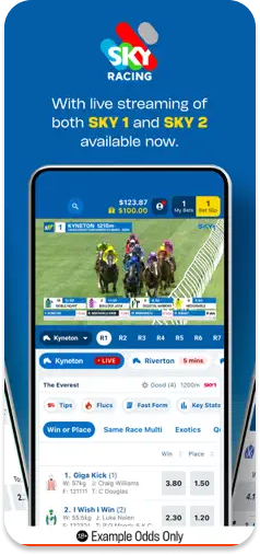 Sportsbet live streaming interface featuring Sky Racing 1 and Sky Racing 2.