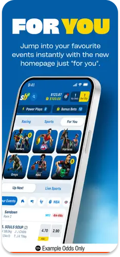 Sportsbet "For You" homepage, showcasing personalized betting recommendations.