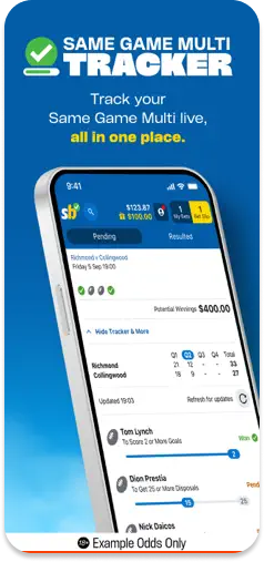 Sportsbet Same Game Multi tracker displaying live bet progress.