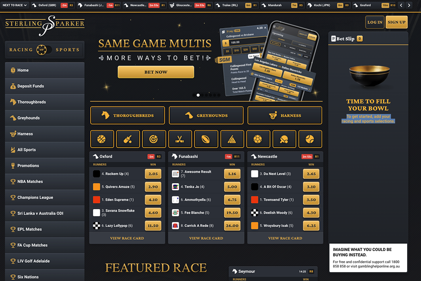 Sterling Parker website main menu – Showcasing betting markets and promotions.