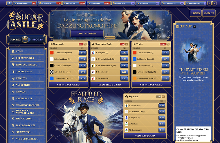 SugarCastle website main menu – Featuring racing and sports betting markets.