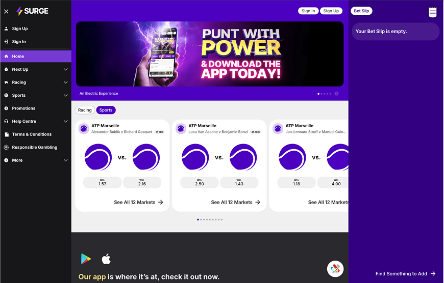 Surge betting app main menu – Fast and easy-to-use mobile sportsbook.