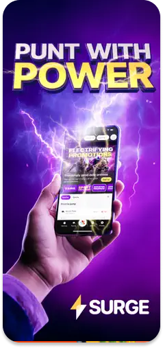 Surge – Punt with Power betting app displayed on a smartphone.