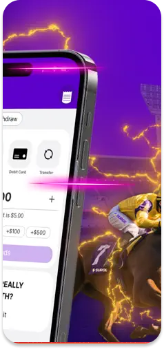 Surge app menu UI with horse racing action.