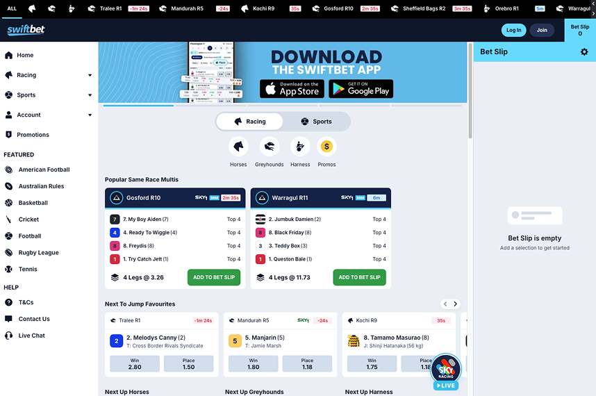 SwiftBet website main menu – Showcasing racing and sports betting markets.