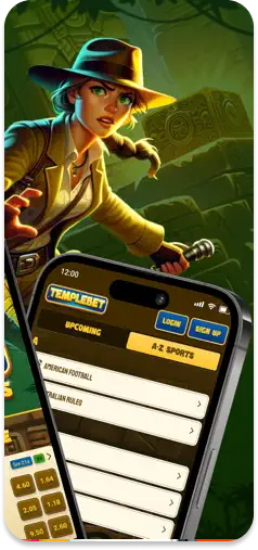 TempleBet's unique female explorer mascot alongside the sportsbook menu.