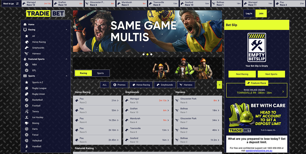 TradieBet website main menu – Showcasing racing and sports betting markets.