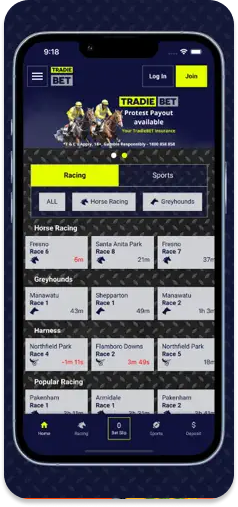 TradieBet main menu UI showcasing betting markets and key features.