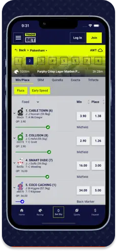 TradieBet horse race betting UI displaying fluctuations (flucs) and early speed analysis.