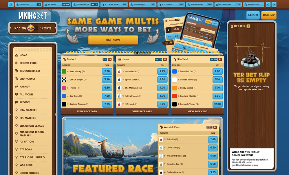 VikingBet website main menu – Showcasing racing and sports betting markets.
