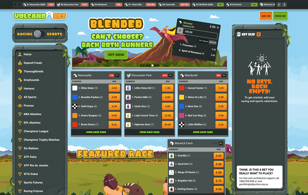 VolcanoBet website main menu – Showcasing racing and sports betting markets.