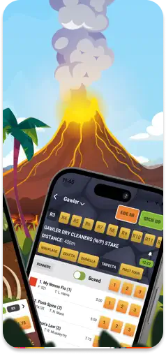 VolcanoBet racing form UI with a volcanic background.