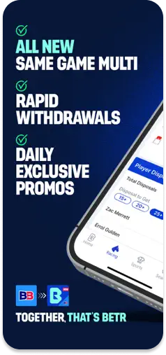 Betr app highlighting Same Game Multi, fast withdrawals, and daily promotions.