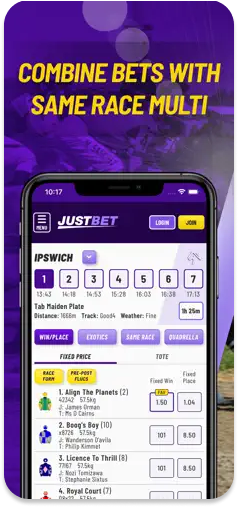JustBet app displaying Same Race Multi feature.