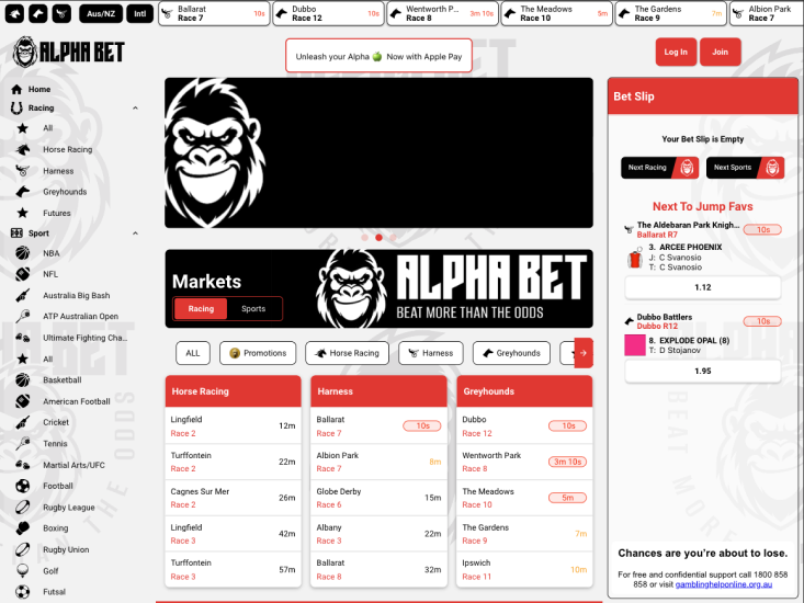 AlphaBet Australia sportsbook homepage featuring a clean design and diverse betting options.
