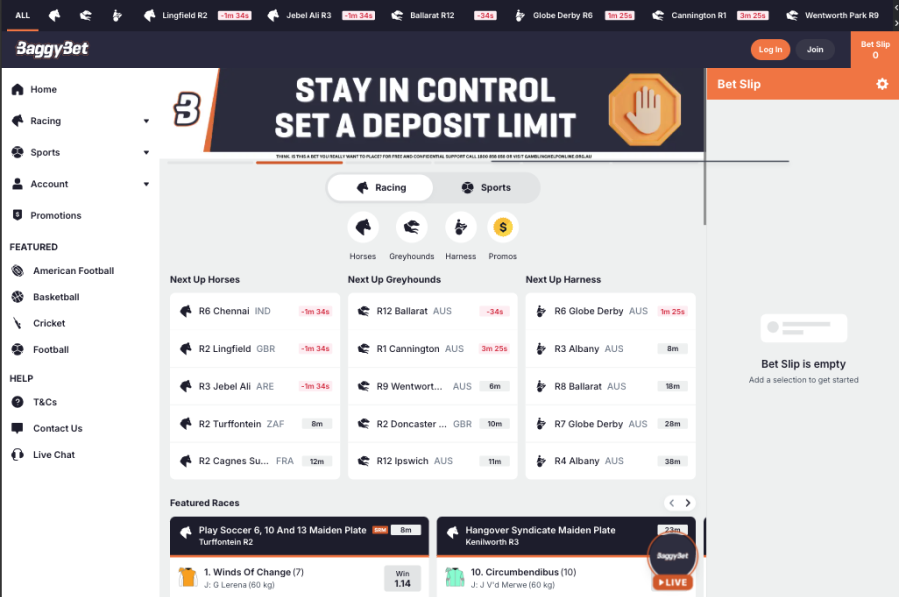 BaggyBet sportsbook homepage displaying an Australian-focused betting platform with a strong racing presence.