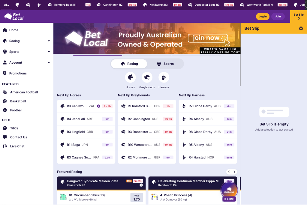 BetLocal Australia sportsbook homepage highlighting community-driven betting options.