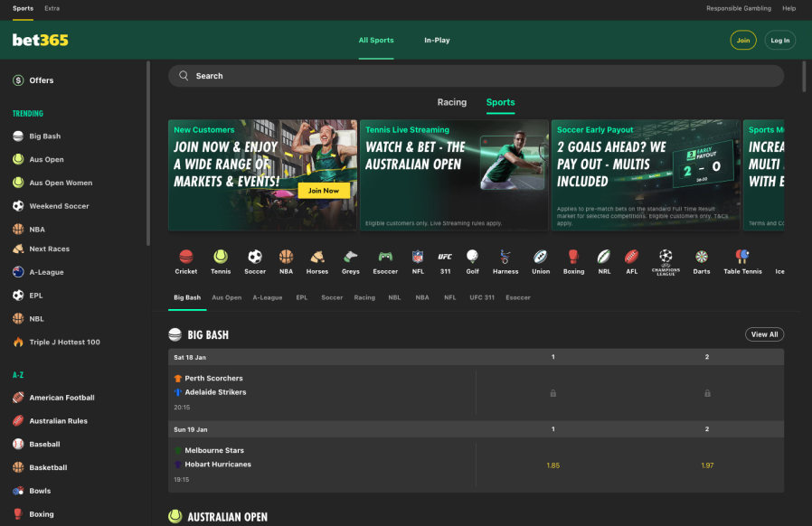 Bet365 Australia sportsbook homepage displaying live betting options and an extensive market selection.