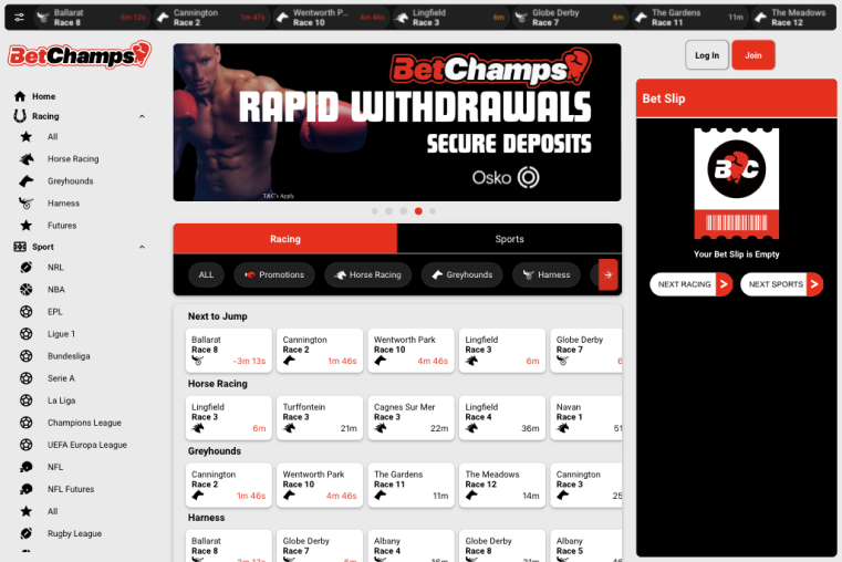 BetChamps Australia sportsbook homepage with an intuitive layout and broad betting markets.