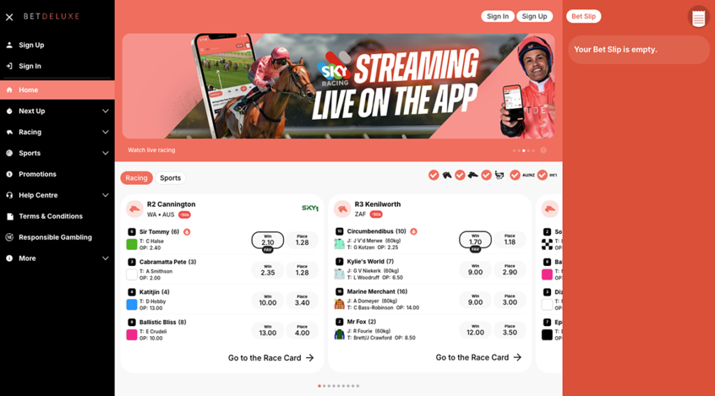 BetDeluxe Australia sportsbook homepage showcasing premium betting markets and a racing-first focus.