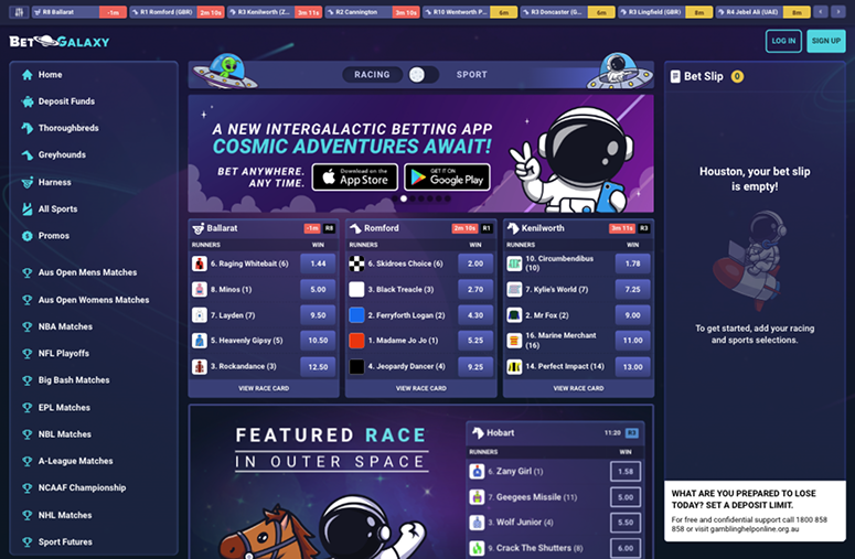 BetGalaxy Australia sportsbook homepage displaying a bold layout and broad sports markets.