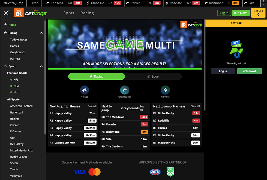 BetKings sportsbook homepage featuring a modern interface and strong market coverage.