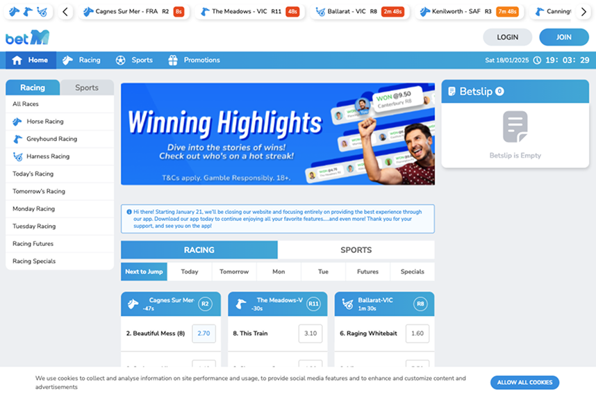 BetM sportsbook homepage displaying a simple and effective betting interface.