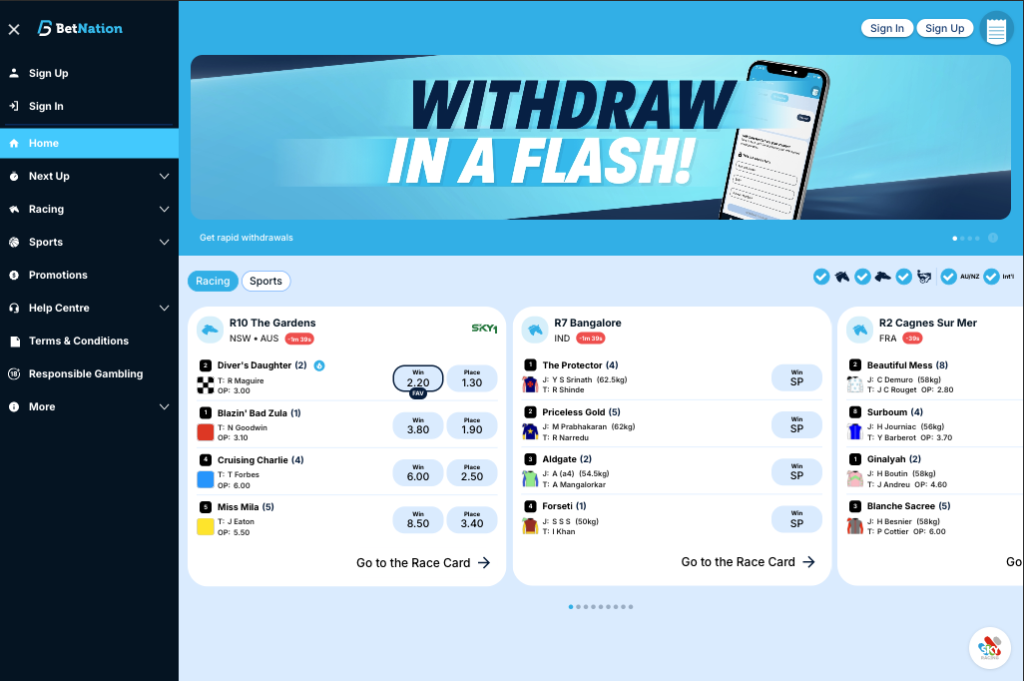 Bet Nation Australia sportsbook homepage showcasing its bold design and extensive betting markets.