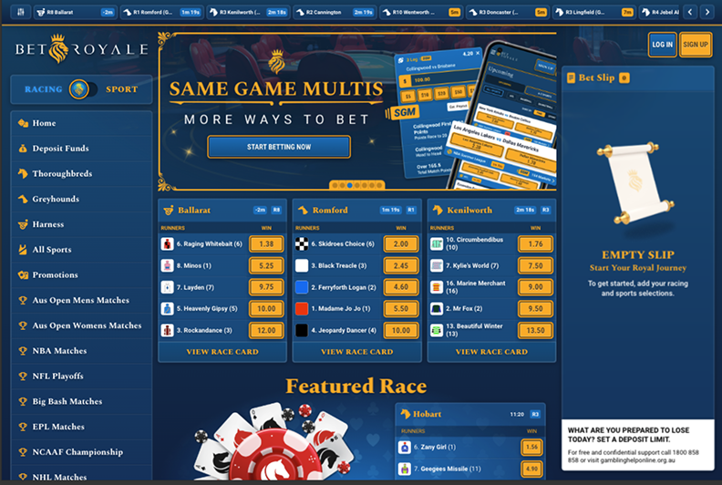 BetRoyale sportsbook homepage featuring a sleek design and a broad range of betting markets.