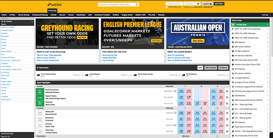 Betfair Australia sportsbook homepage featuring a unique betting exchange platform.