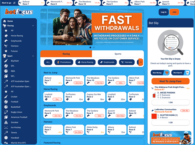 Betfocus Australia sportsbook homepage showcasing an intuitive design and strong racing focus.