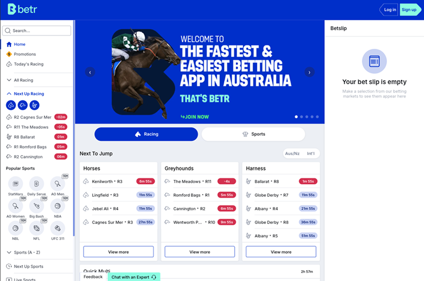 Betr Australia sportsbook homepage featuring a bold design and extensive betting options.