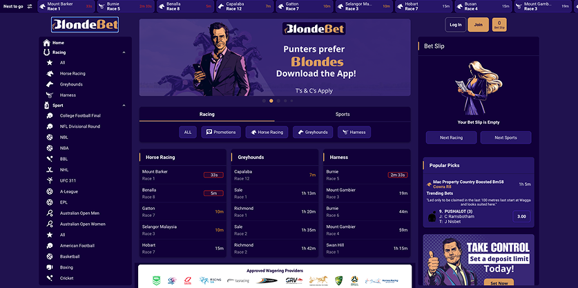 BlondeBet Australia sportsbook homepage displaying an eye-catching design and strong racing focus.