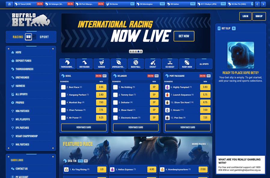 BuffaloBet Australia sportsbook homepage featuring an exciting layout and extensive betting markets.