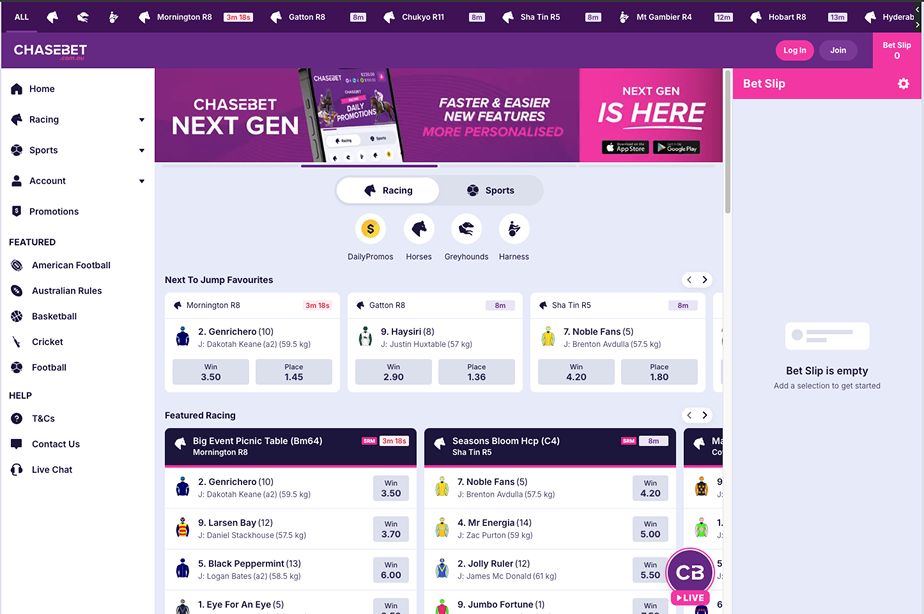 ChaseBet sportsbook homepage displaying a sleek design and user-friendly betting features.