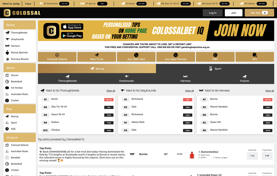 ColossalBet sportsbook homepage highlighting a bold design and competitive racing odds.